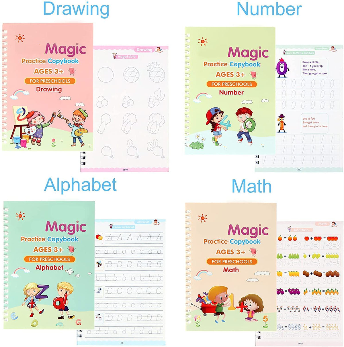 Magic Practice Copybook for Kids – 4 Reusable Learning Books with Magic Pen